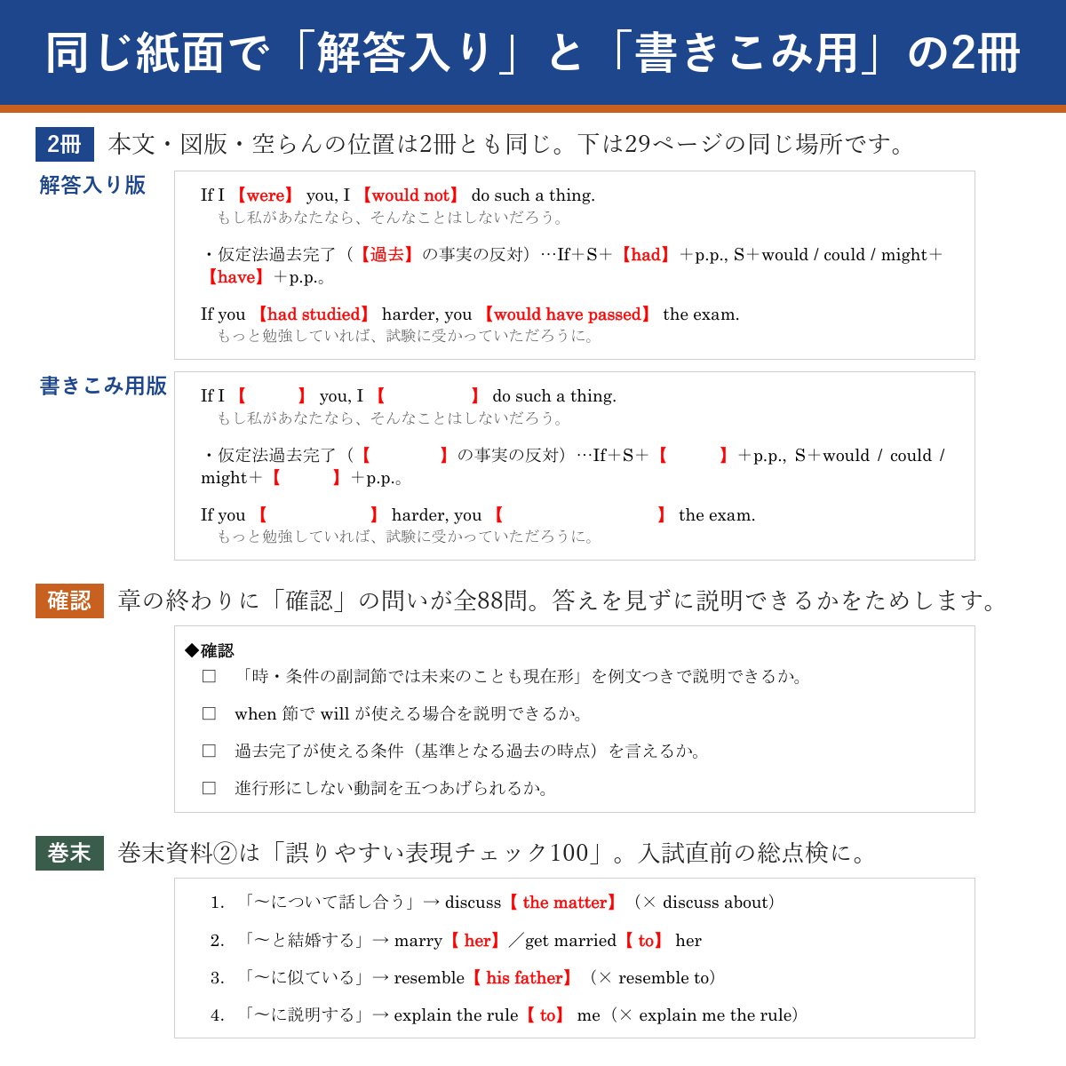 解答入り版と書きこみ用版の比較・章末の確認・巻末資料