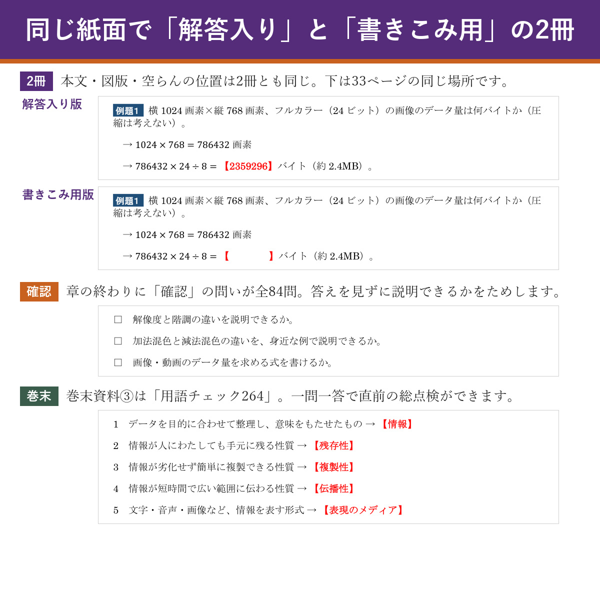 解答入り版と書きこみ用版の比較・章末の確認・巻末資料
