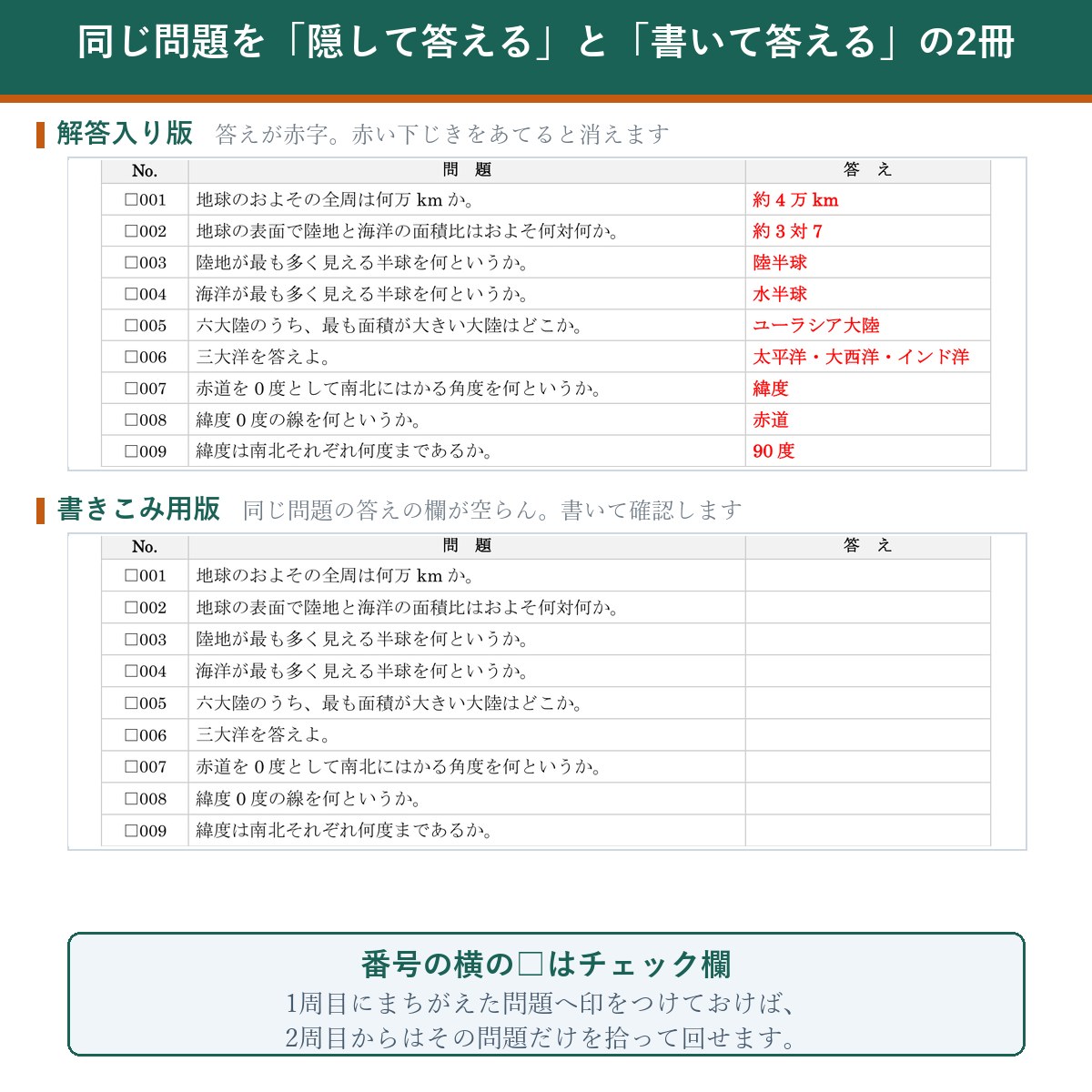 解答入り版と書きこみ用版の比較
