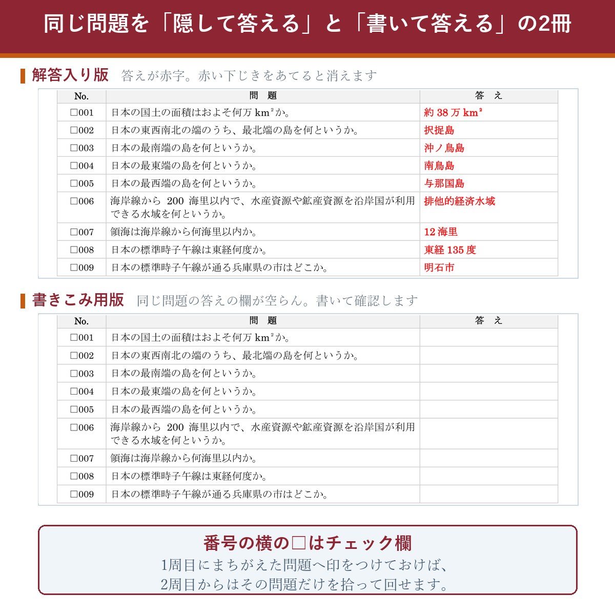 解答入り版と書きこみ用版の比較