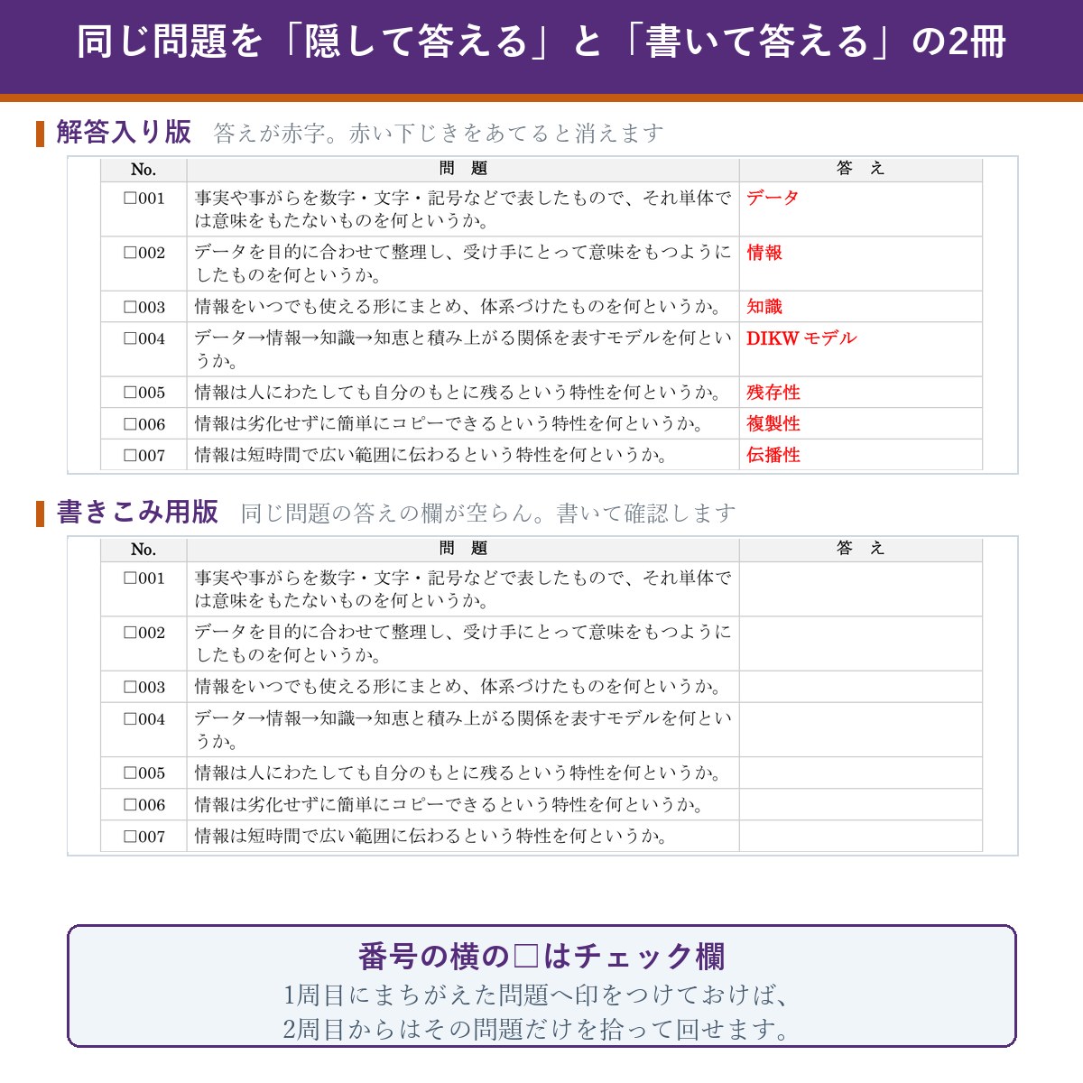 解答入り版と書きこみ用版の比較