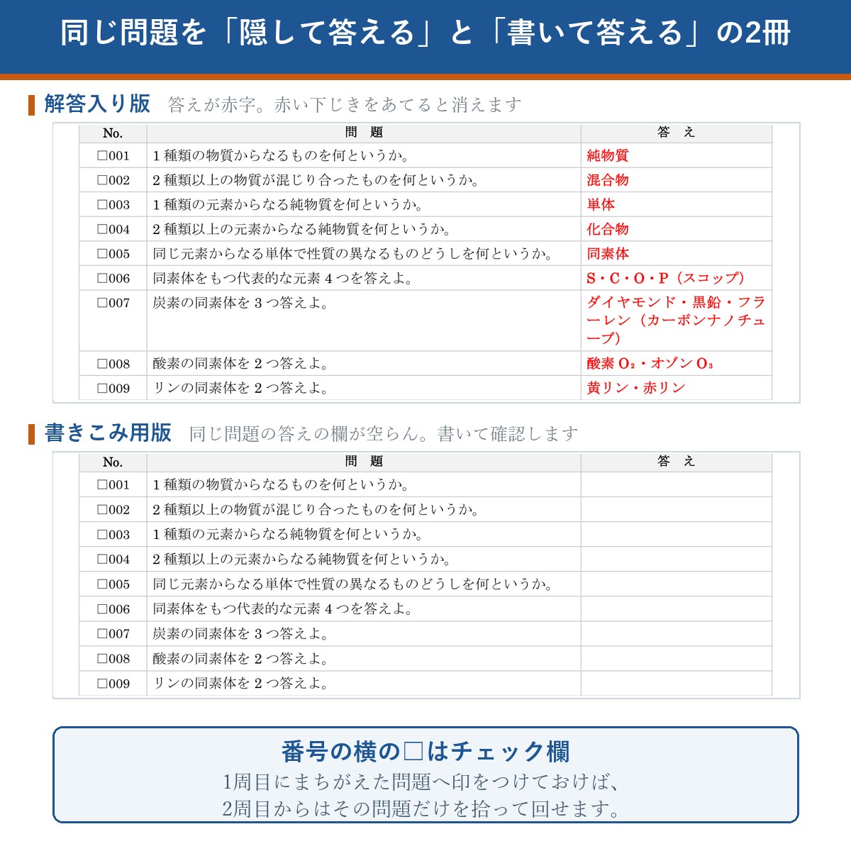 解答入り版と書きこみ用版の比較