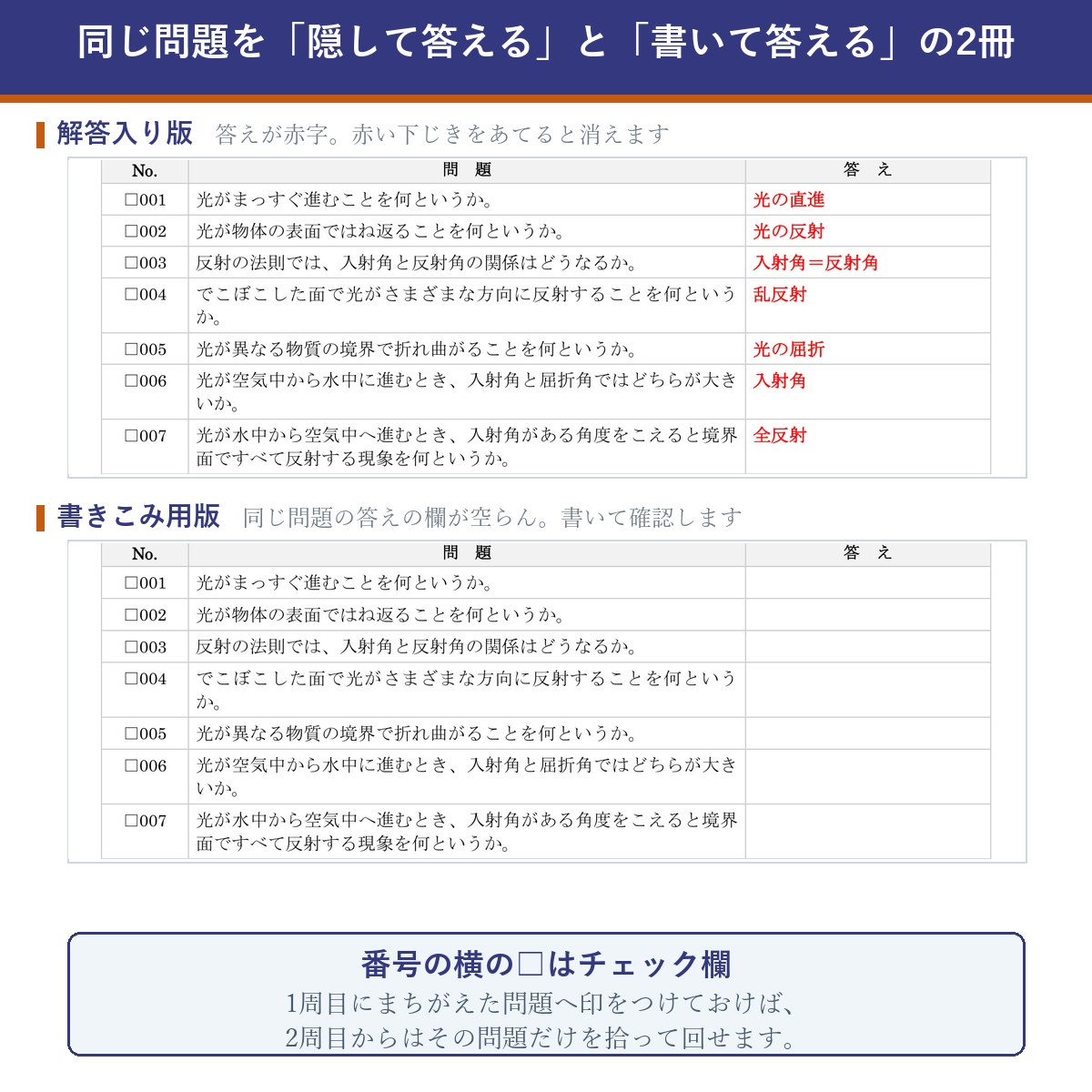 解答入り版と書きこみ用版の比較