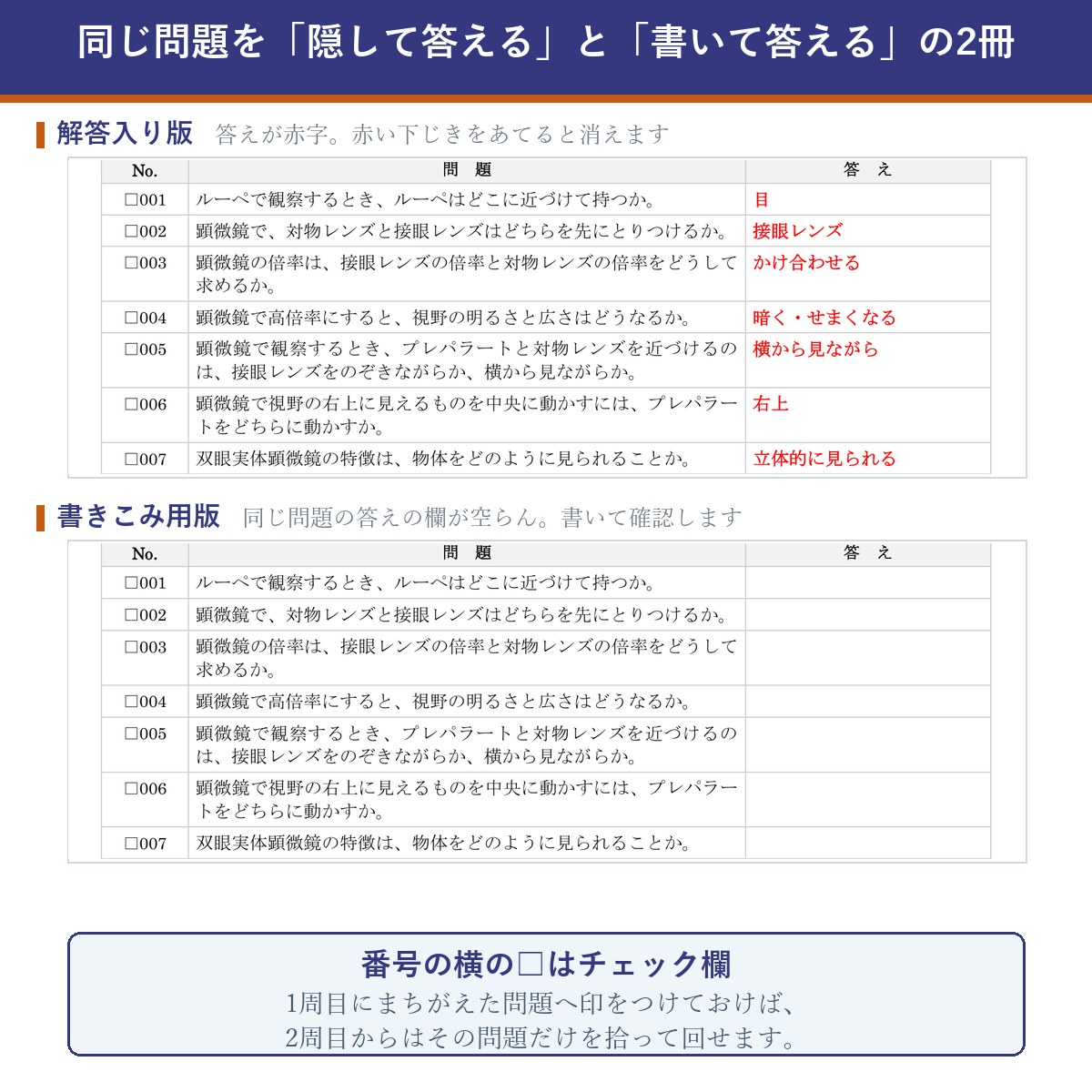解答入り版と書きこみ用版の比較