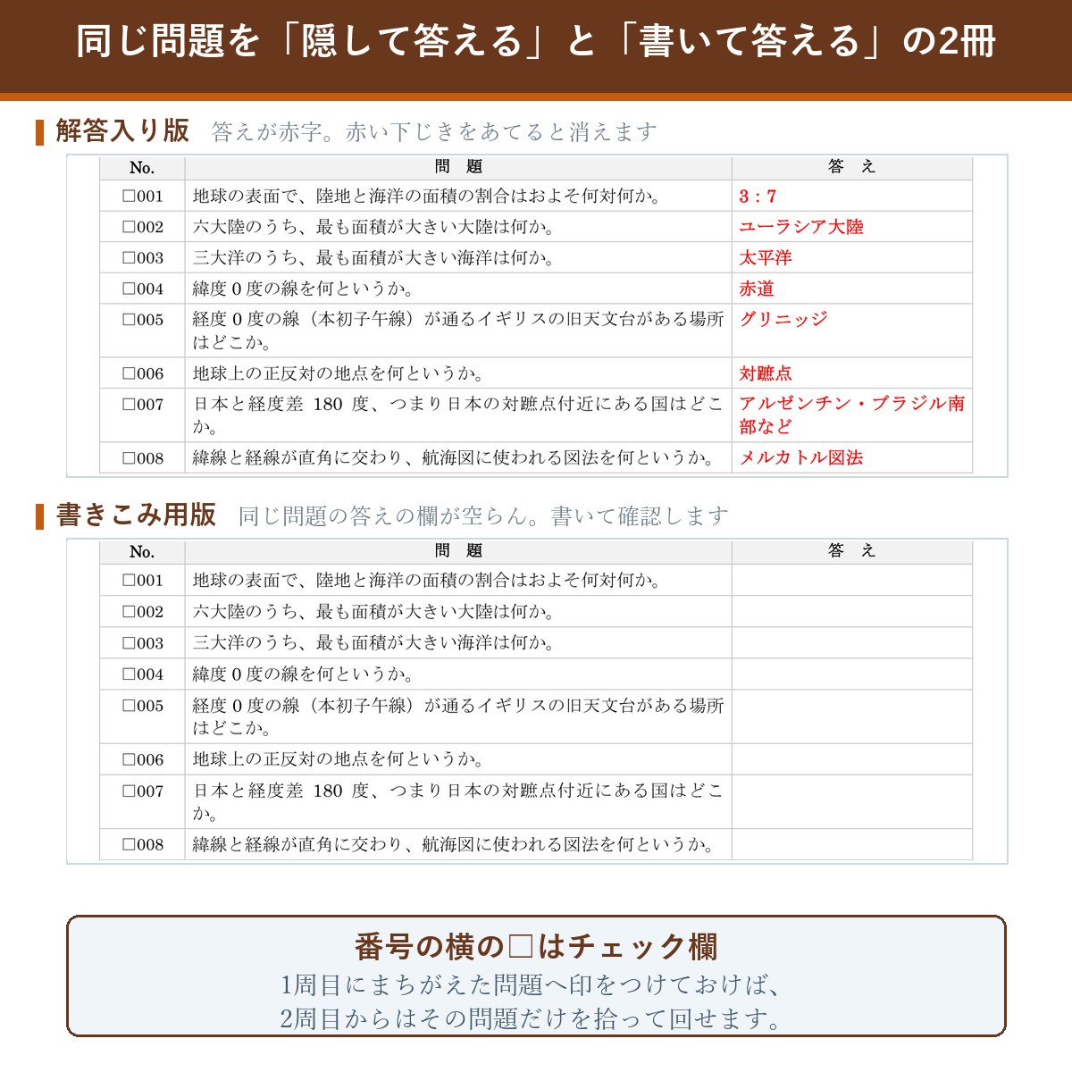 解答入り版と書きこみ用版の比較