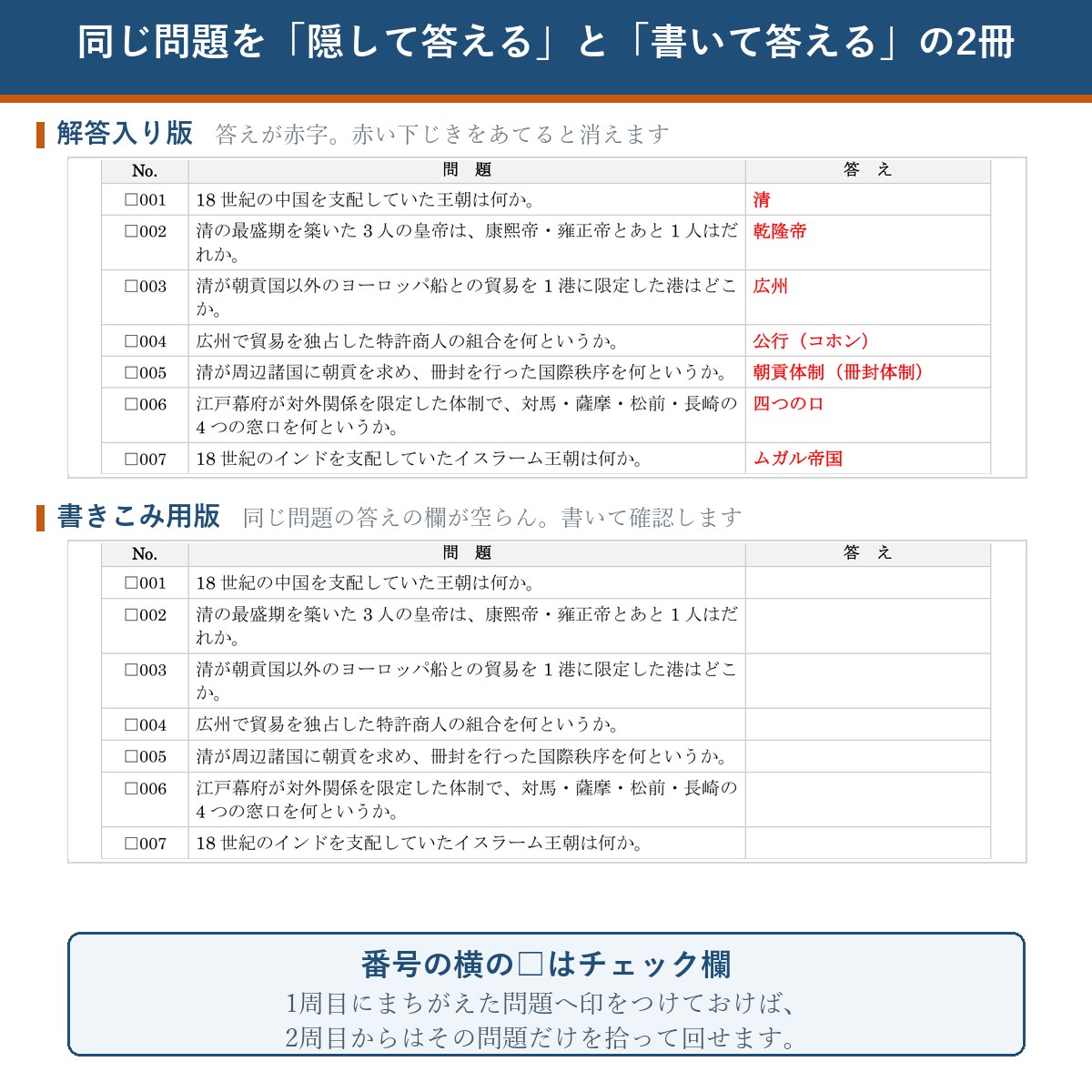 解答入り版と書きこみ用版の比較