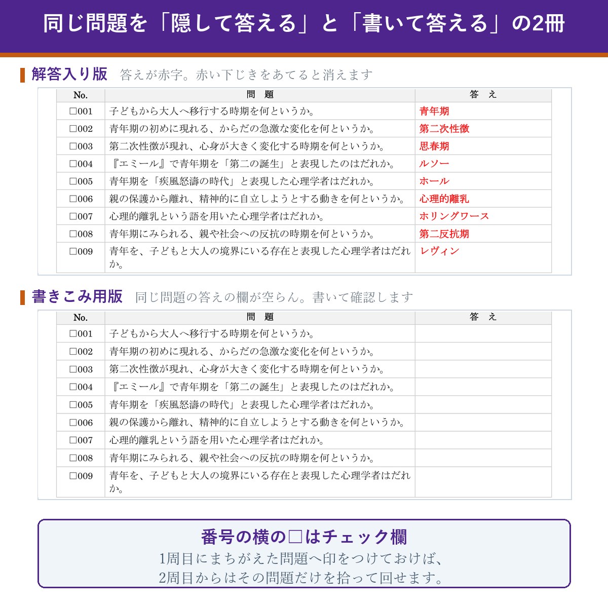 解答入り版と書きこみ用版の比較