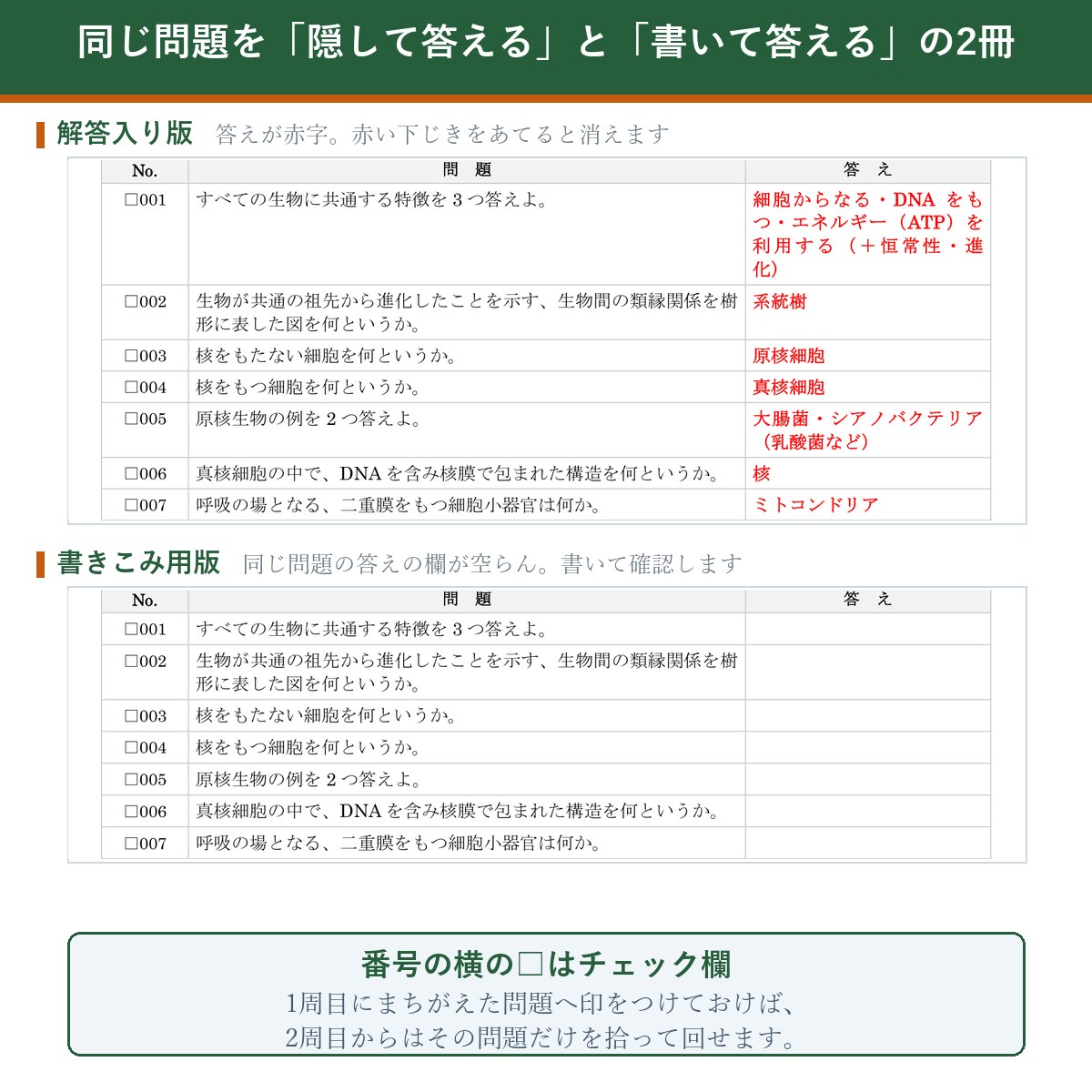解答入り版と書きこみ用版の比較