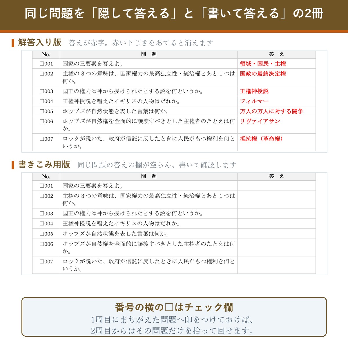 解答入り版と書きこみ用版の比較