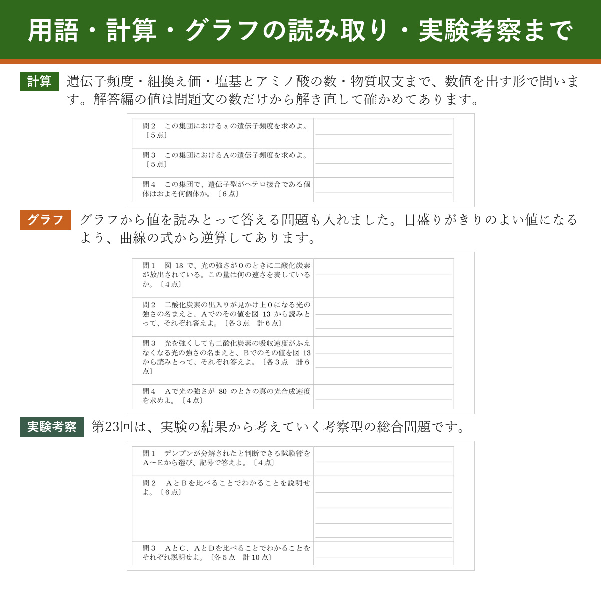 出題のタイプ(計算・グラフ・実験考察)