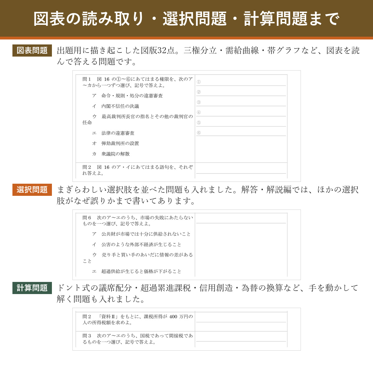 出題のタイプ(図表・選択問題・計算問題)