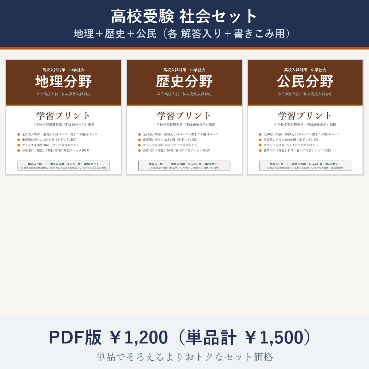 高校入試参考書セット 地理・歴史 高校受験 社会セット（地理＋歴史＋公民）｜入試プリント工房